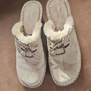 BareTraps Beige Suede Faux-Fur Slip-On Clogs
